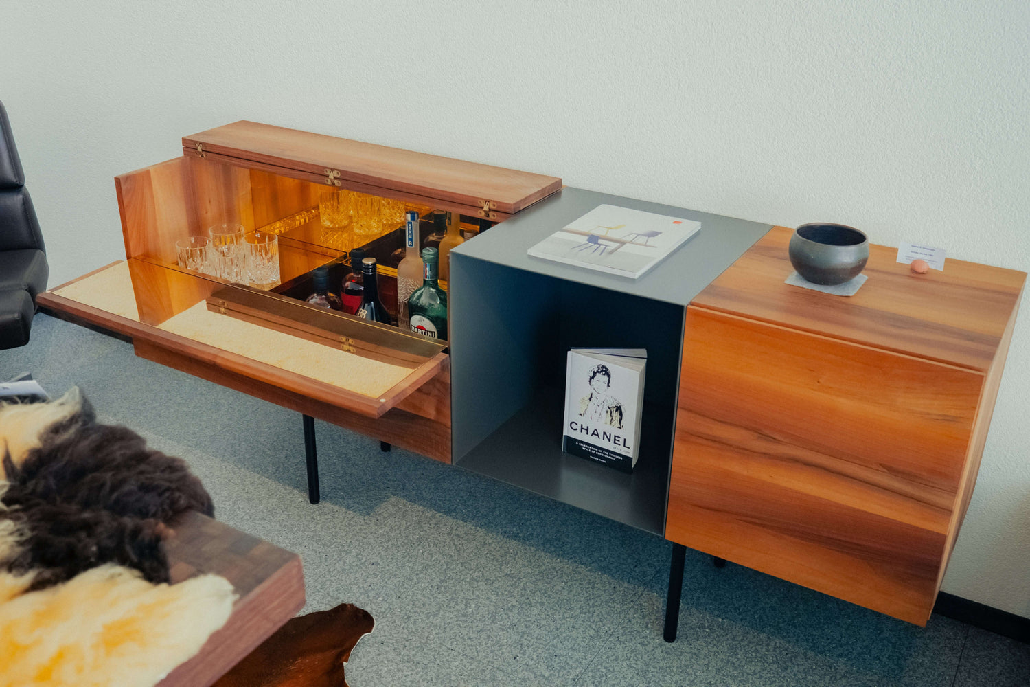 E15 sideboard bar open with drinks