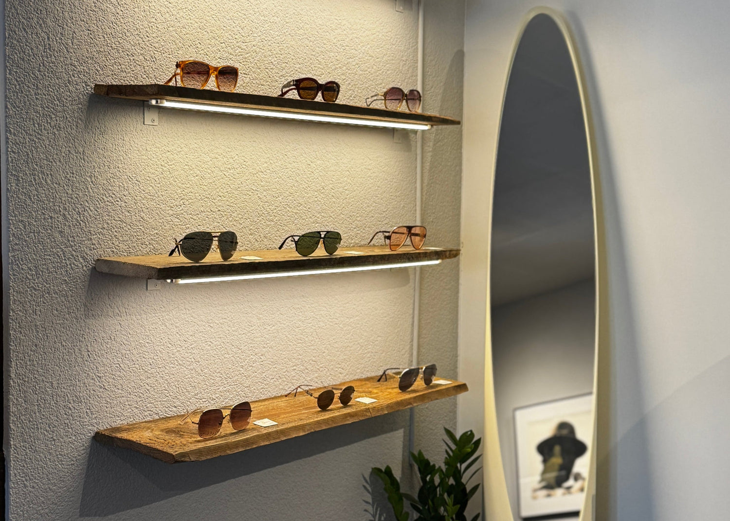 Sunglasses shelf in the House of Shades Showroom